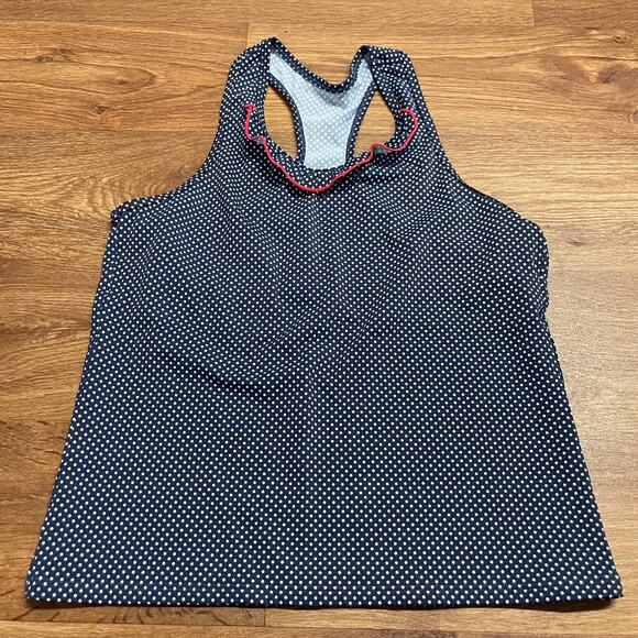 Lands End Girls Blue White Polka Dot Tankini Swim Top Size 16 Red Ruffle - Picture 1 of 4